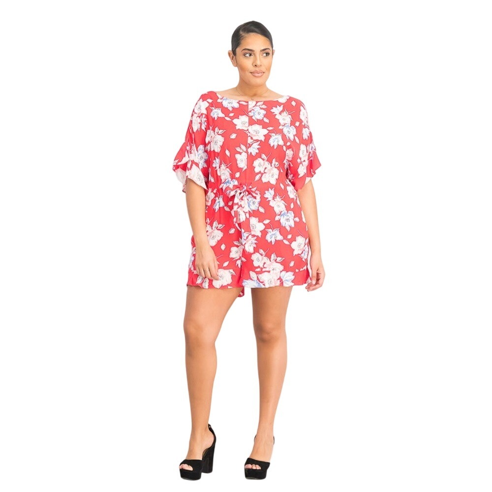 French Connection Red Floral Ruffle Short Sleeve Drawstring Romper Sz 12 #644